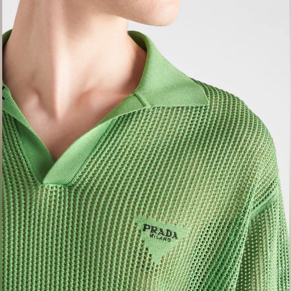 Prada Mesh Knit Polo Shirt Mens Collared Green Sheer Cutout - Picture 6 of 14